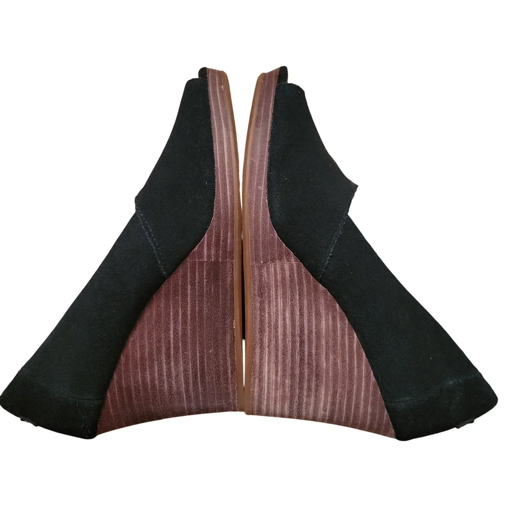 TOMS 7 Black‎ Suede Desert Wedge Peep Toe High Heels Shoes MICHELLE Espadrille